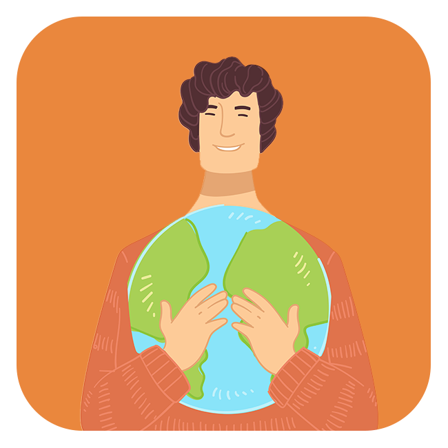 A cartoon picture of a man holding the earth.